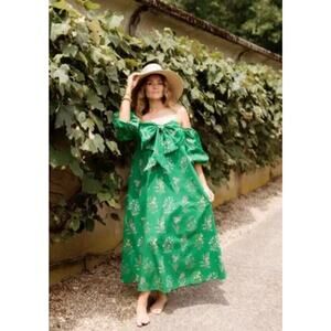 FLORAISON LANE Sz 12 Green Off Shoulder Bow Floral Midi Dress NWT
